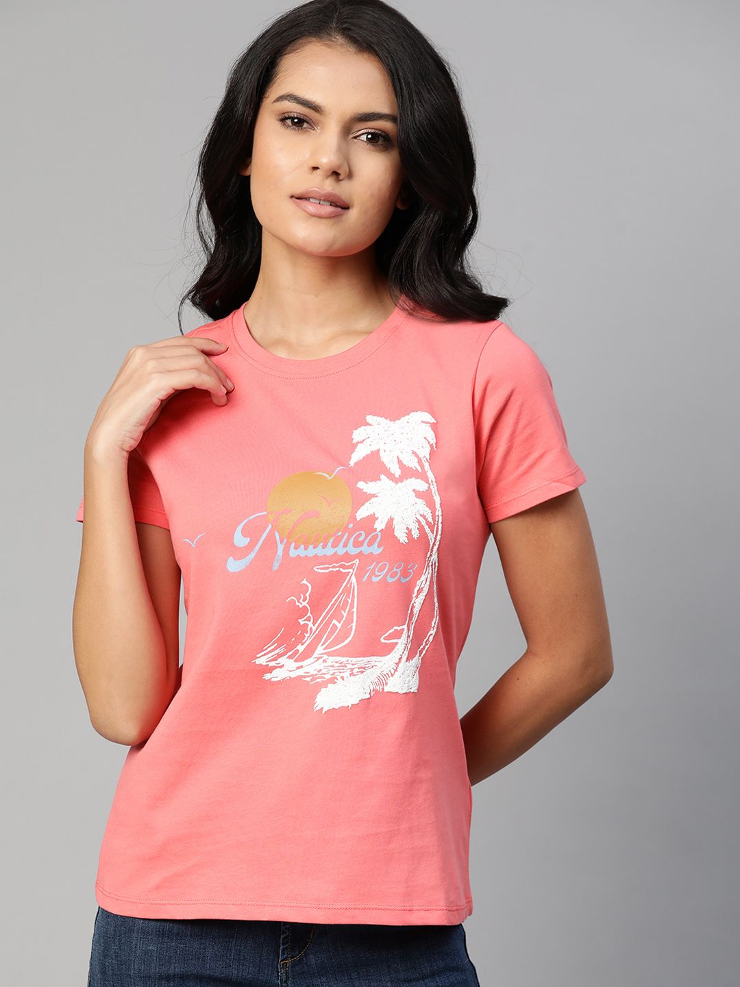 Nautica Women Peach-Coloured & White Printed Pure Cotton Tropical T-shirt