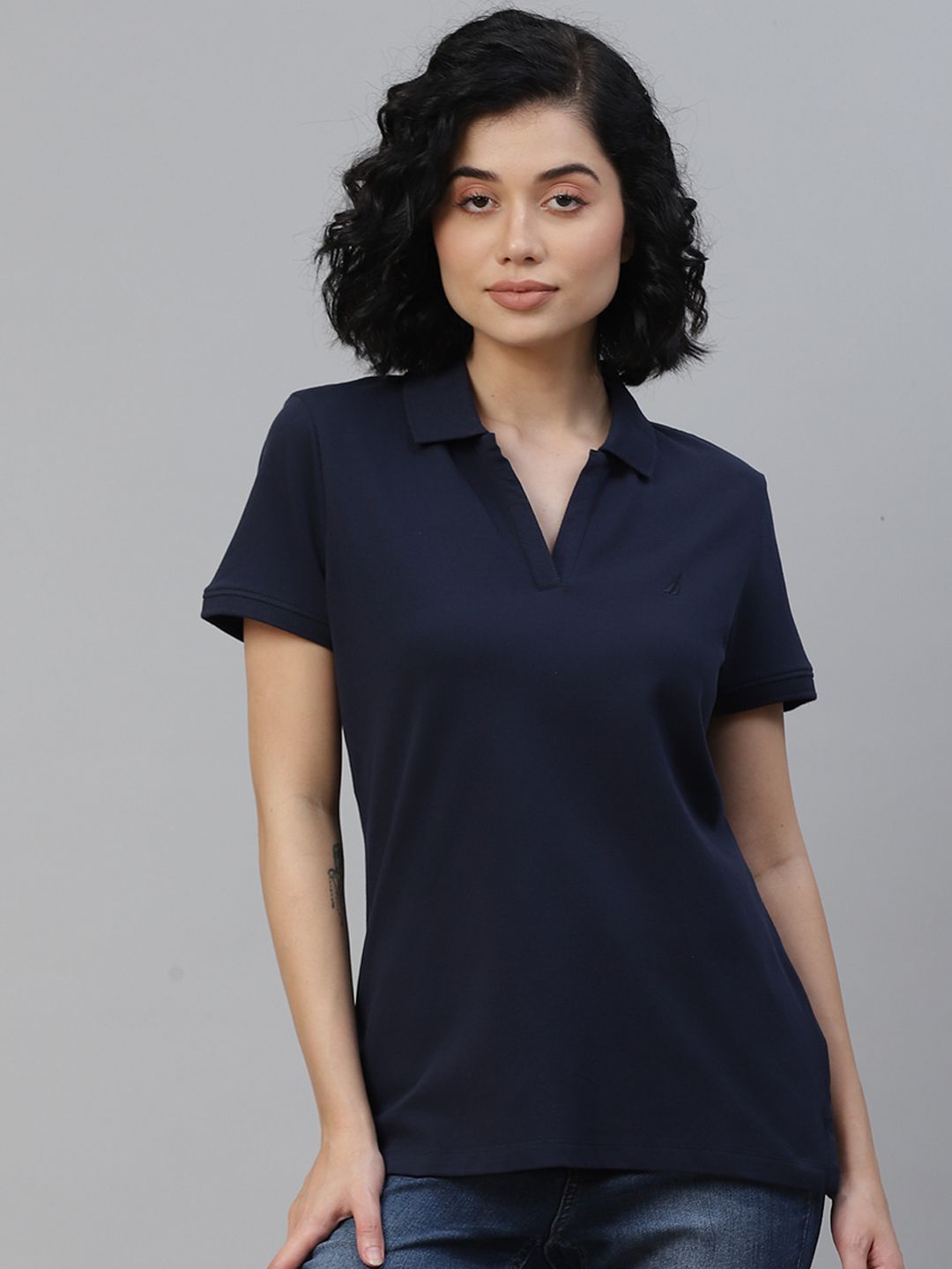 Nautica Women Navy Blue Solid Polo Collar T-shirt