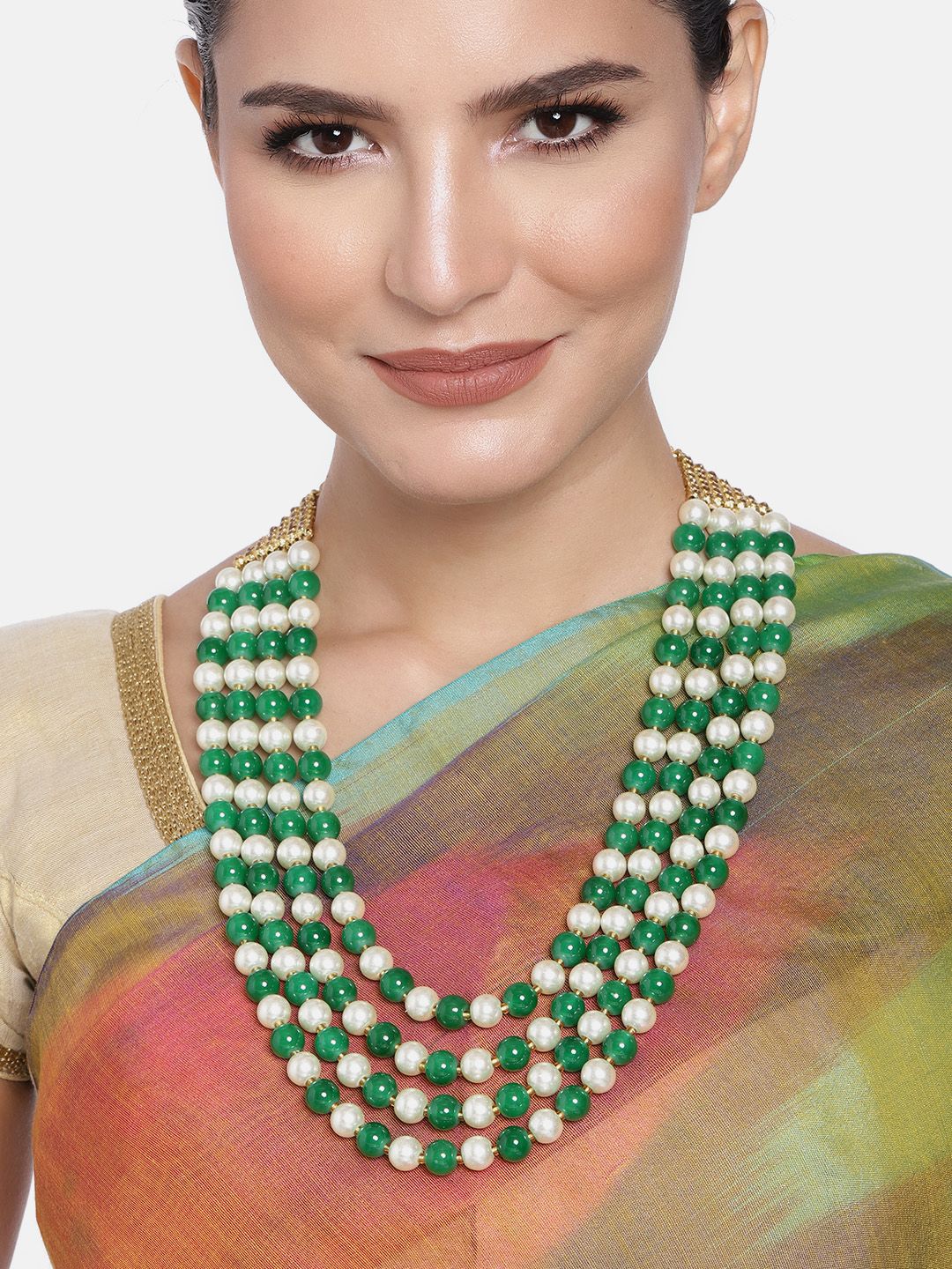Peora Green & White Gold-Plated Pearls Handcrafted Layered Long Necklace Price in India