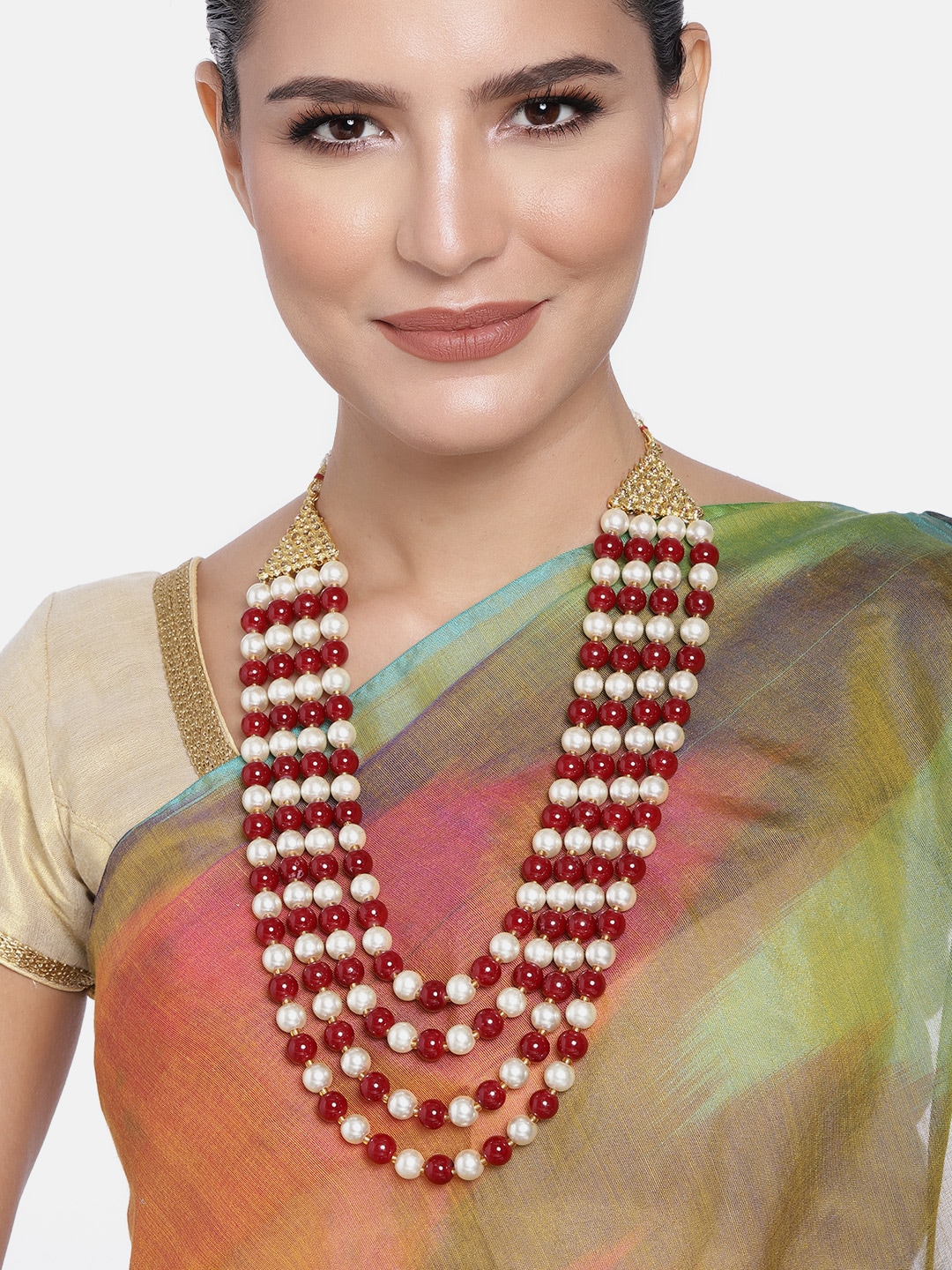 Peora Maroon & White Gold-Plated Pearls Handcrafted Layered Long Necklace Price in India