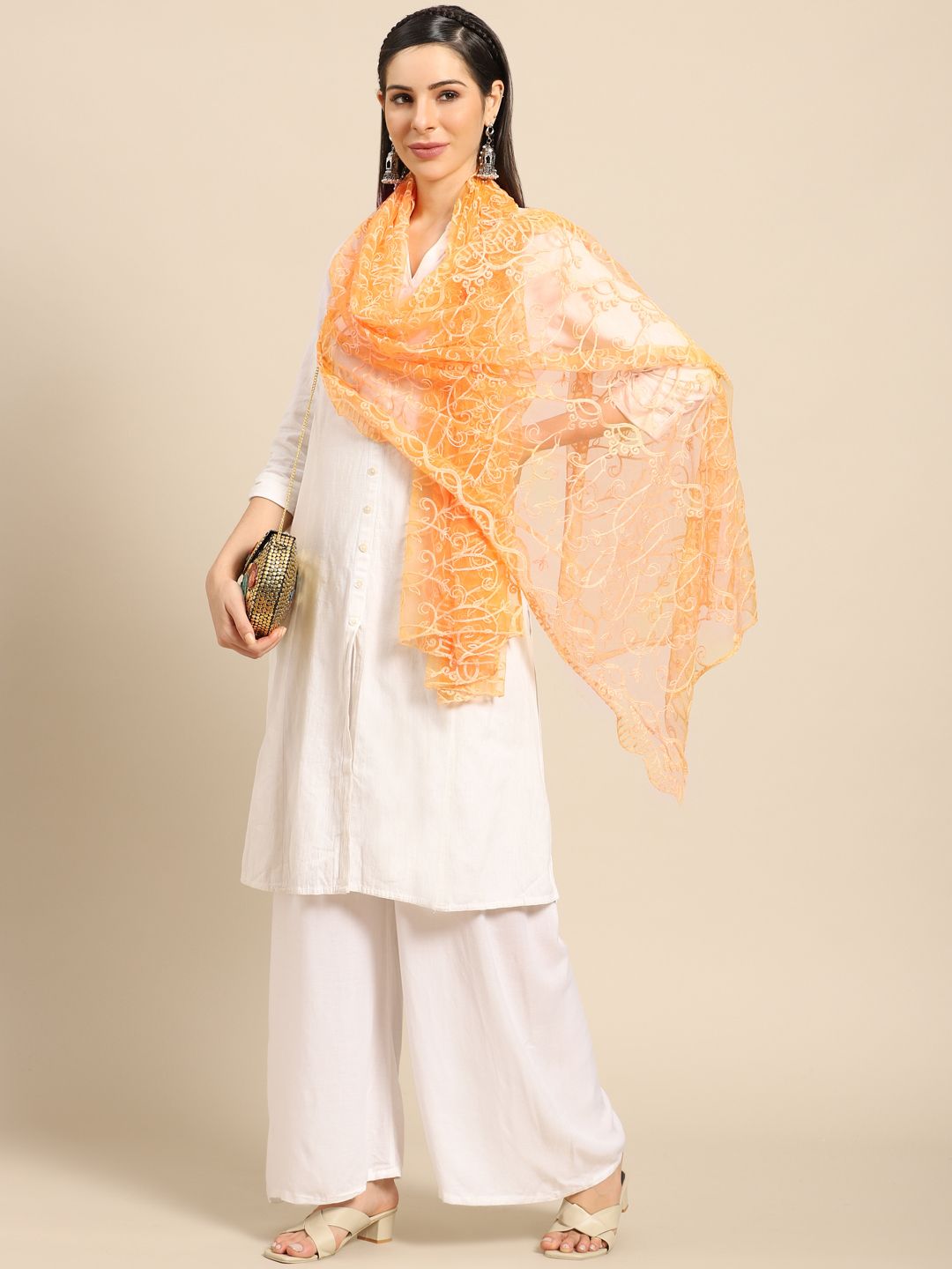 Saadgi Orange Aari Embroidered Dupatta