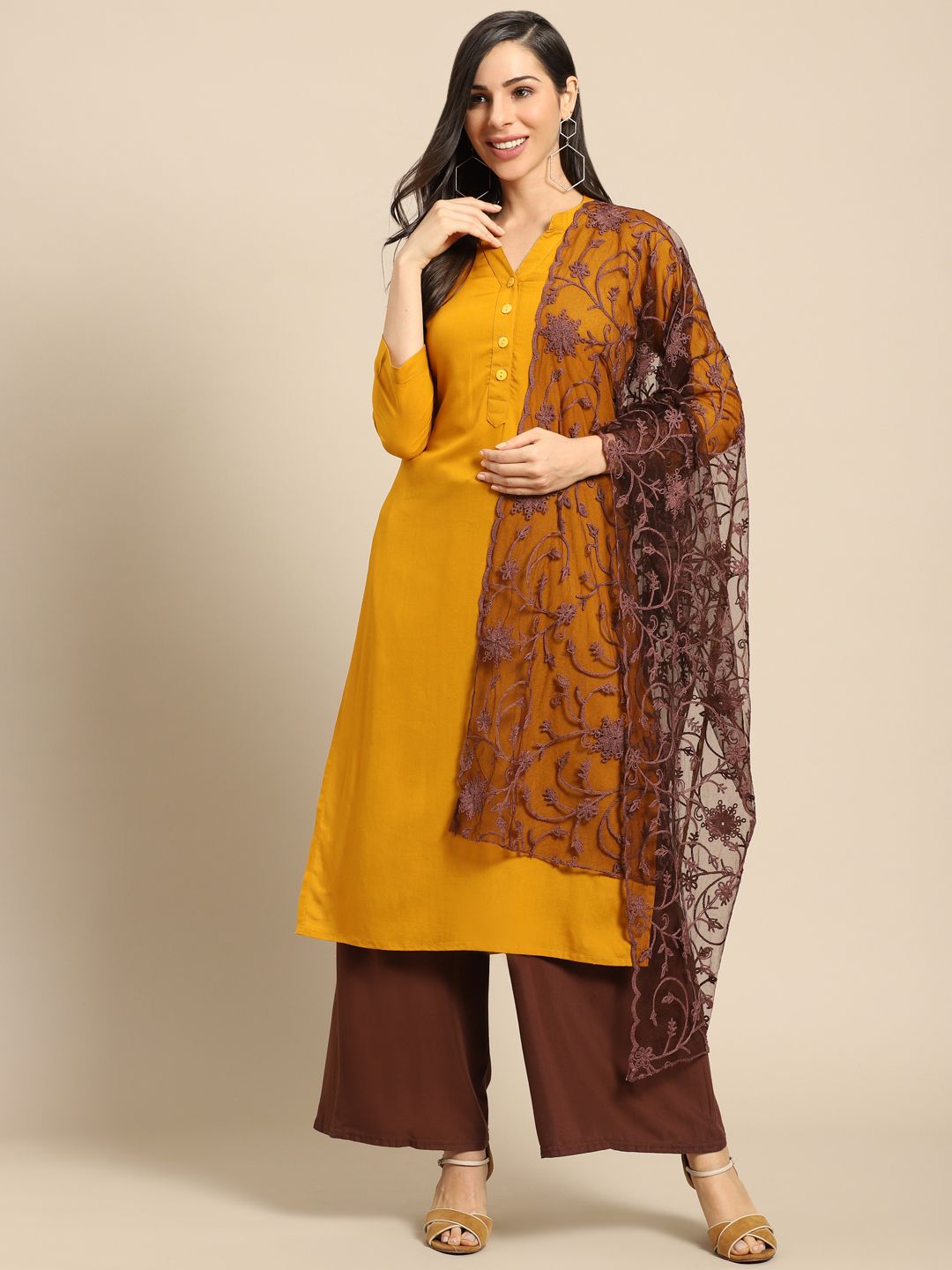 Saadgi Brown Aari Embroidered Net Dupatta Price in India