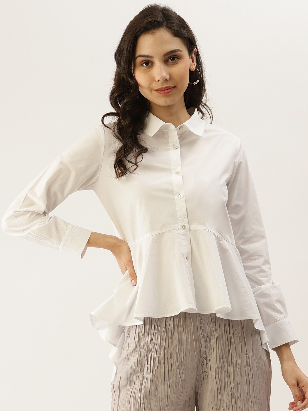 Label Ritu Kumar White Solid Pure Cotton Shirt Style High Low Top Price in India