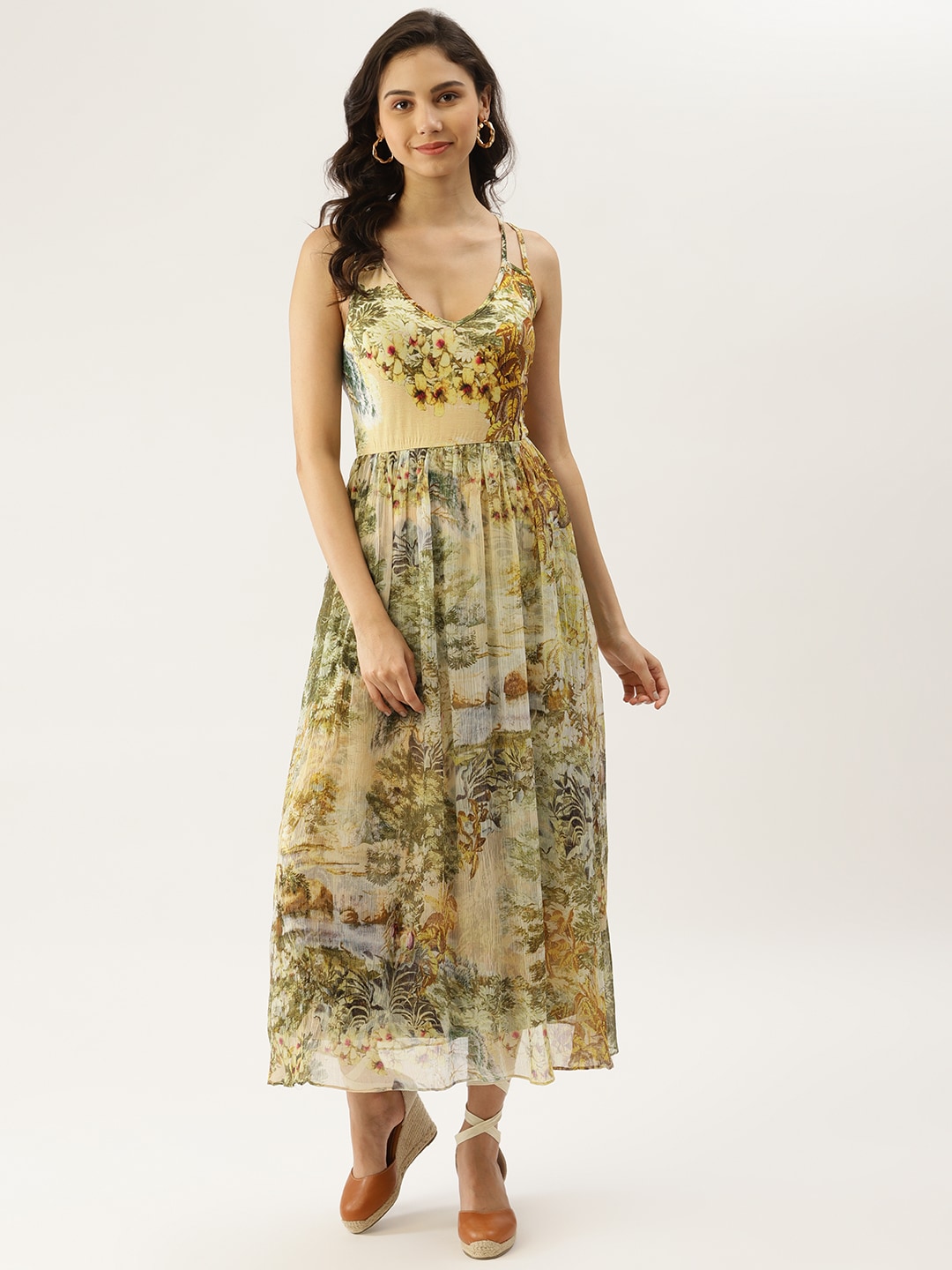 Label Ritu Kumar Yellow & Green Floral Maxi Dress Price in India