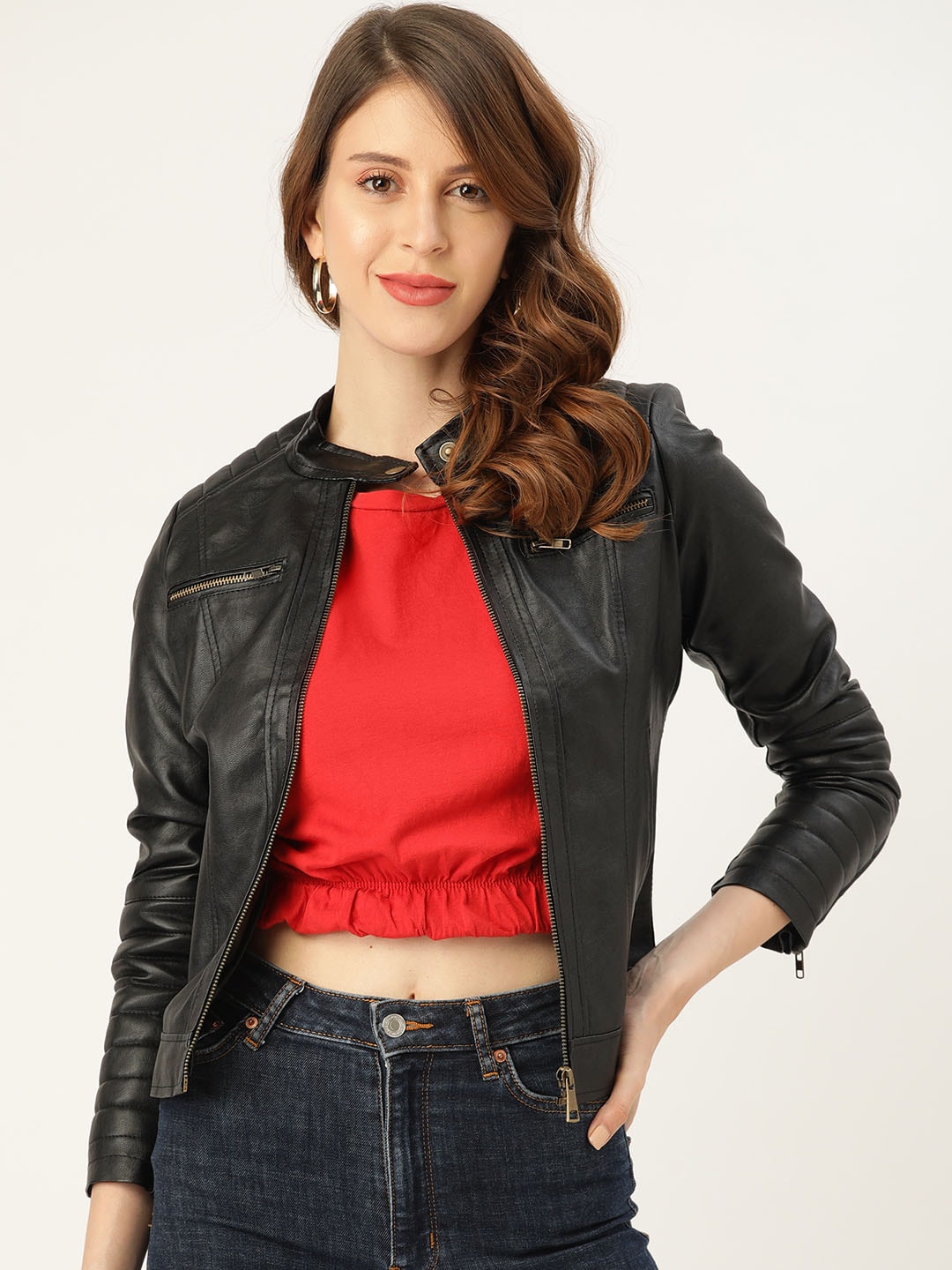 Leather Retail Women Black Solid Biker Jacket Price in India