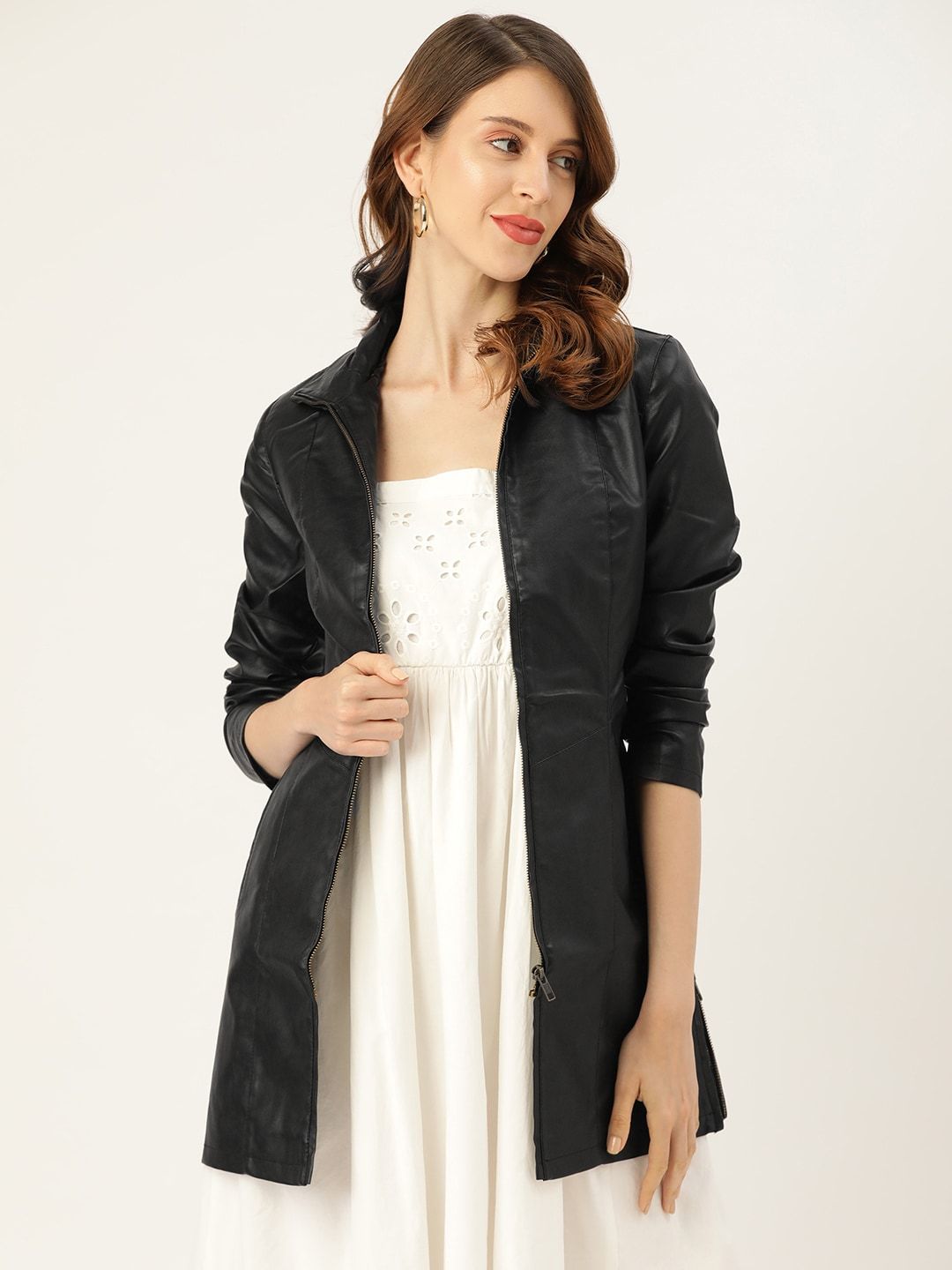 Leather Retail Women Black Solid Lightweight LongLine Leather Jacket Price in India