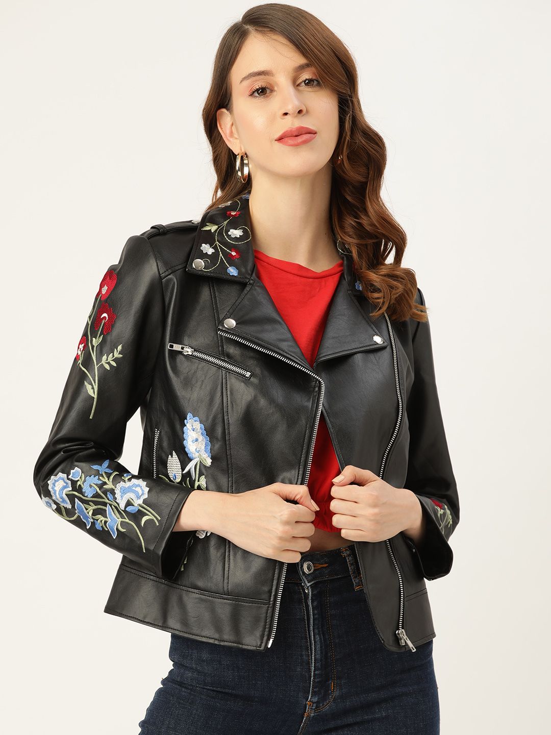 Leather Retail Women Black Solid Asymmetric Closure Leather Jacket Price in India