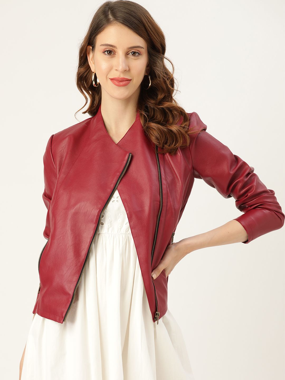 Leather Retail Women Maroon Solid Biker Jacket Price in India