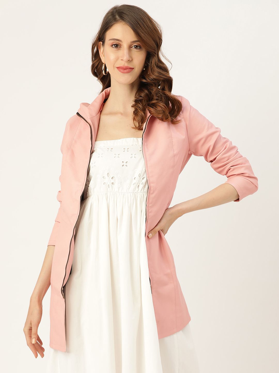 Leather Retail Women Pink Solid Lightweight Longline Leather Jacket Price in India