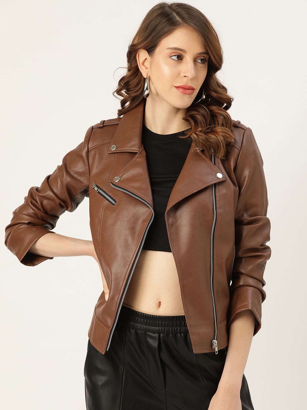 Leather Retail Women Brown Solid Lightweight Biker Jacket Price in India