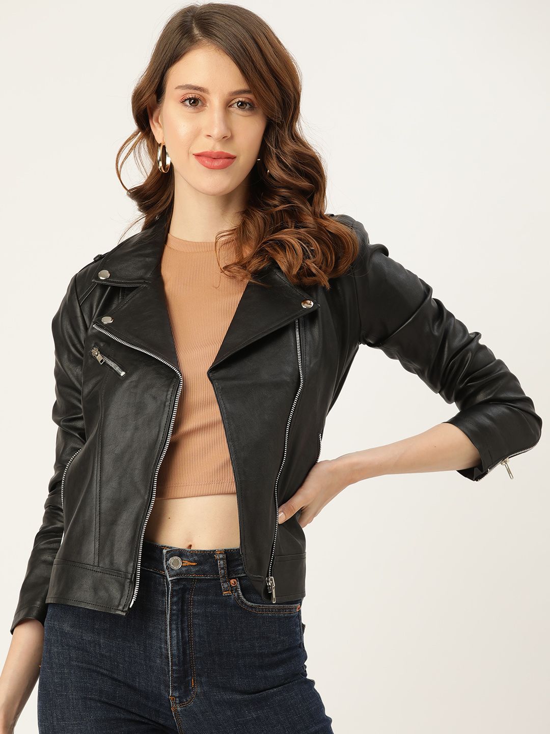 Leather Retail Women Black Solid Asymmetric Closure Leather Biker Jacket Price in India