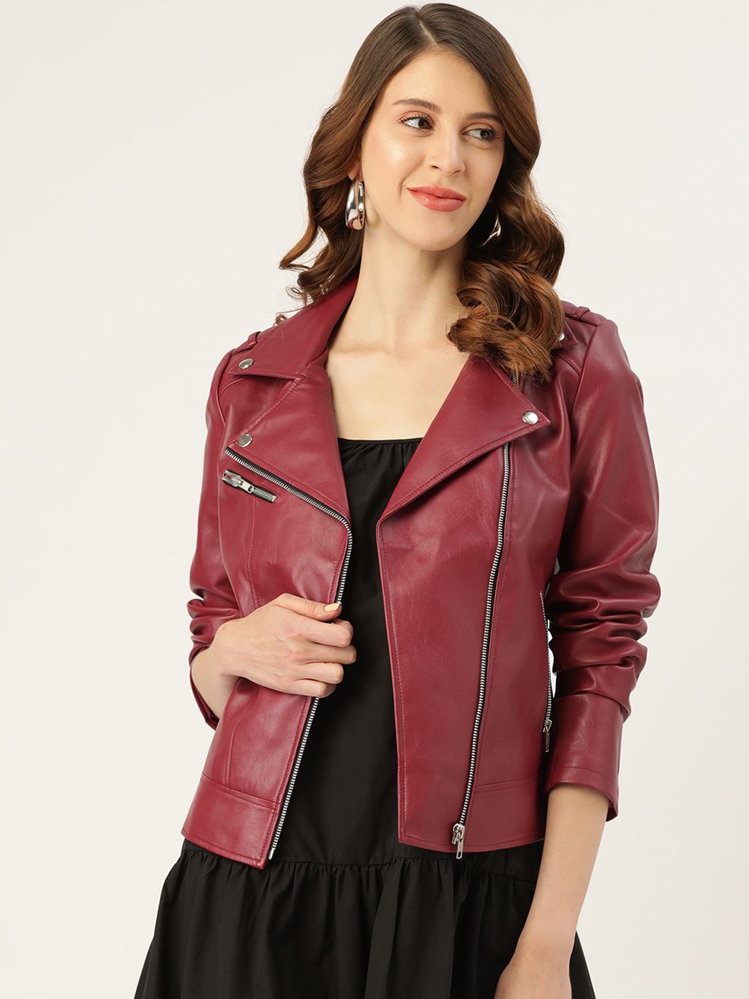Leather Retail Women Maroon Solid Lightweight Leather Jacket Price in India