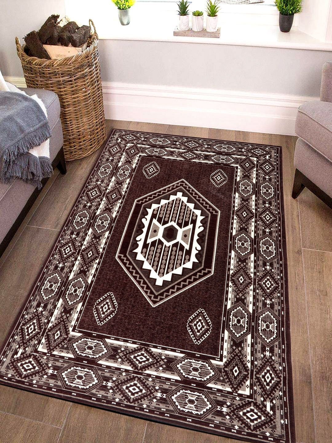 BELLA TRUE Brown & Off White Ethnic Motifs Anti-Skid Floor Carpet Price in India