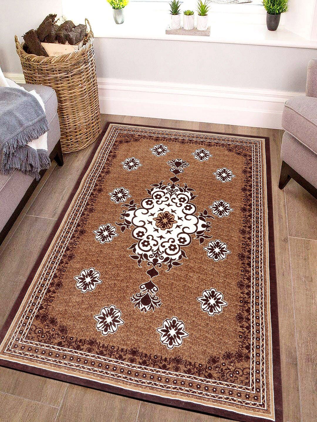 BELLA TRUE Brown & Off-White Ethnic Motif Anti-Skid Floor Carpets Price in India