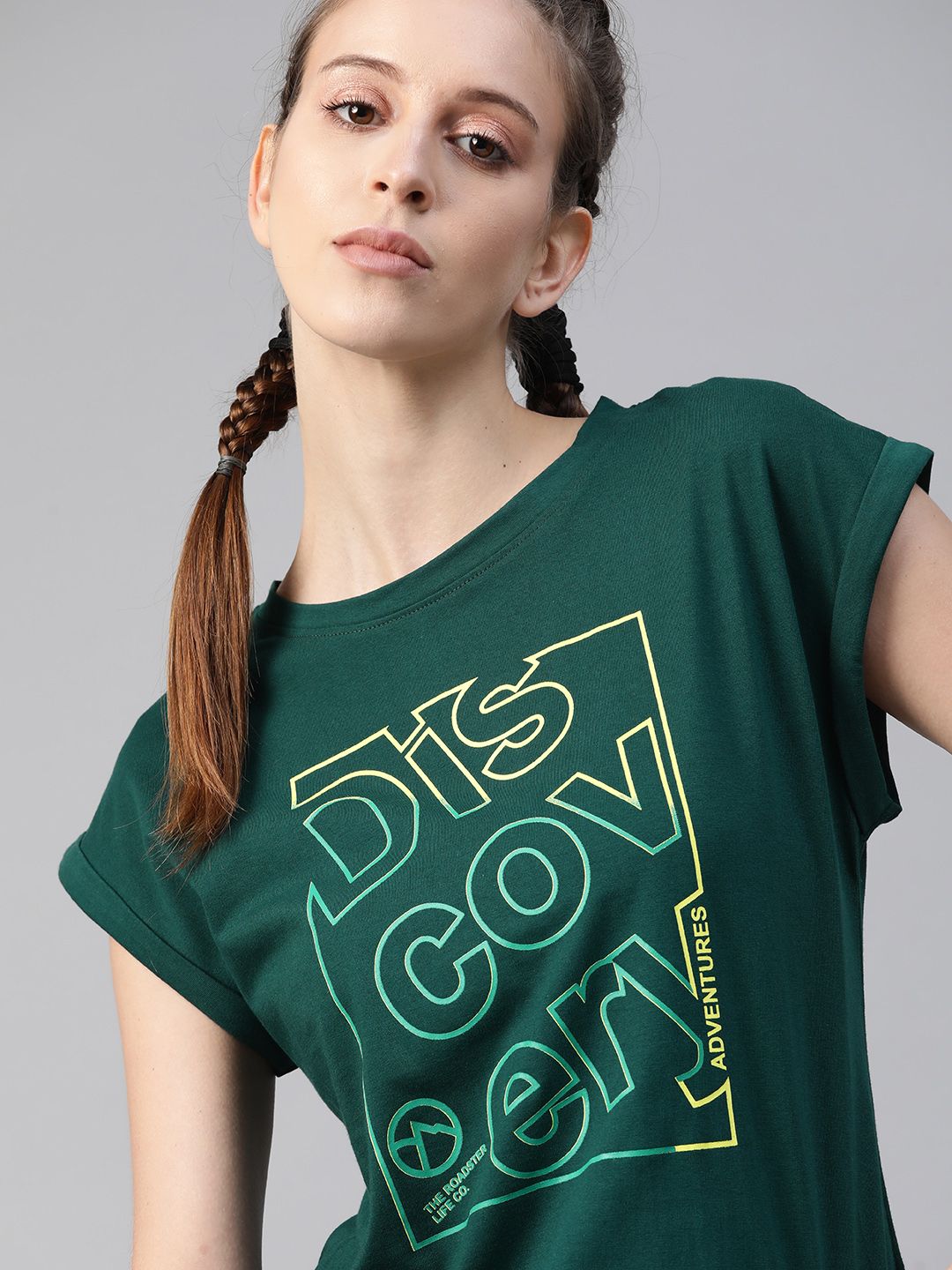 Roadster Women Green & Yellow Typography Printed Pure Cotton T-Shirt