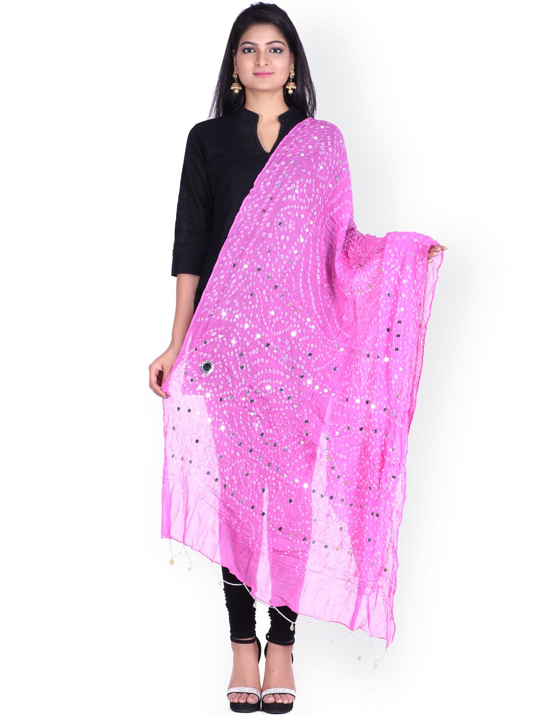 SOUNDARYA Pink Sequined Bandhani Dupatta Price in India