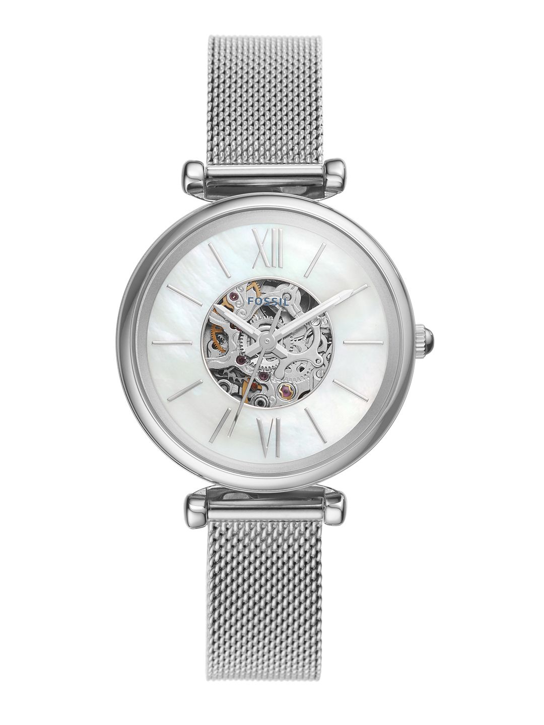 Fossil Carlie Mini Me Women White & Silver-Toned Automatic Skeleton Analogue Watch ME3189 Price in India