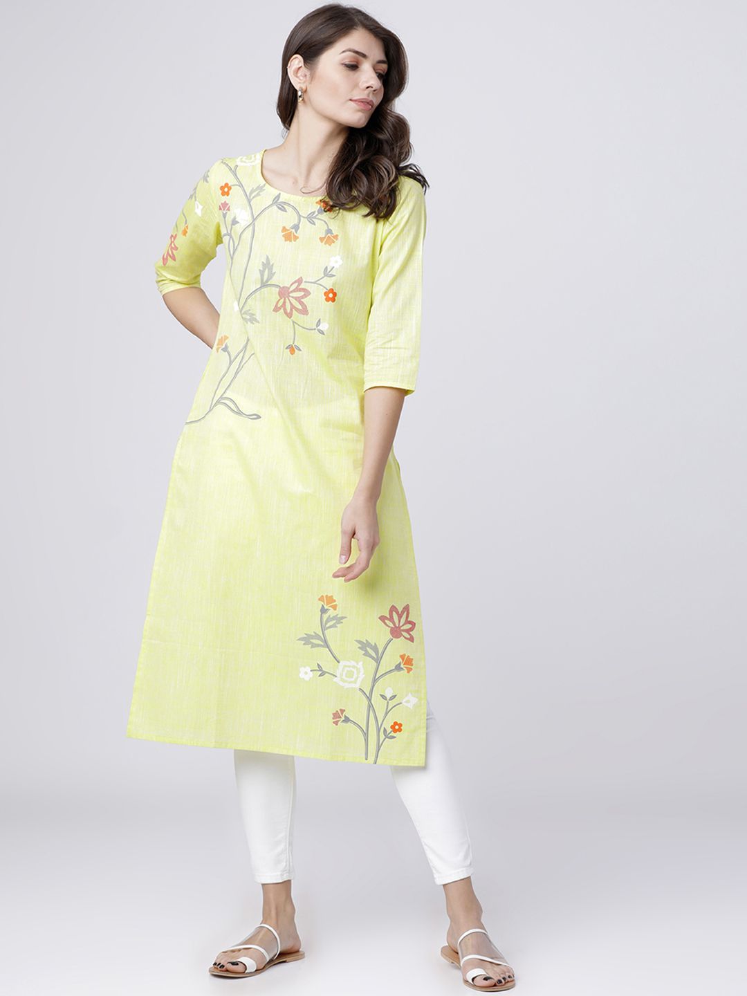 Vishudh Women Lime Green Floral Printed Floral Kurta Price in India