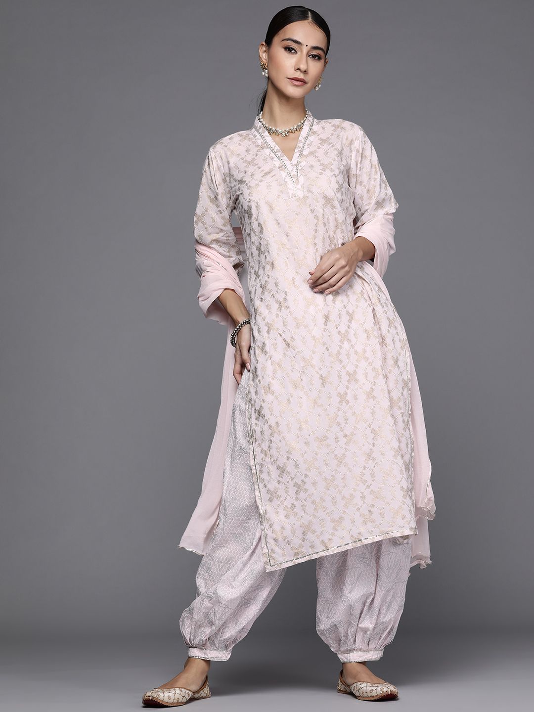 Libas Women Pink & Gold-Toned Ethnic Printed Pure Cotton Kurta with Salwar & With Dupatta Price in India