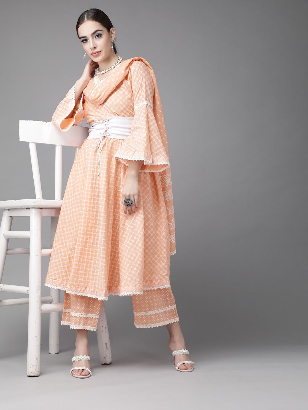 Libas Women Peach-Coloured Pure Cotton Printed Empire Kurta with Palazzos & Dupatta Price in India