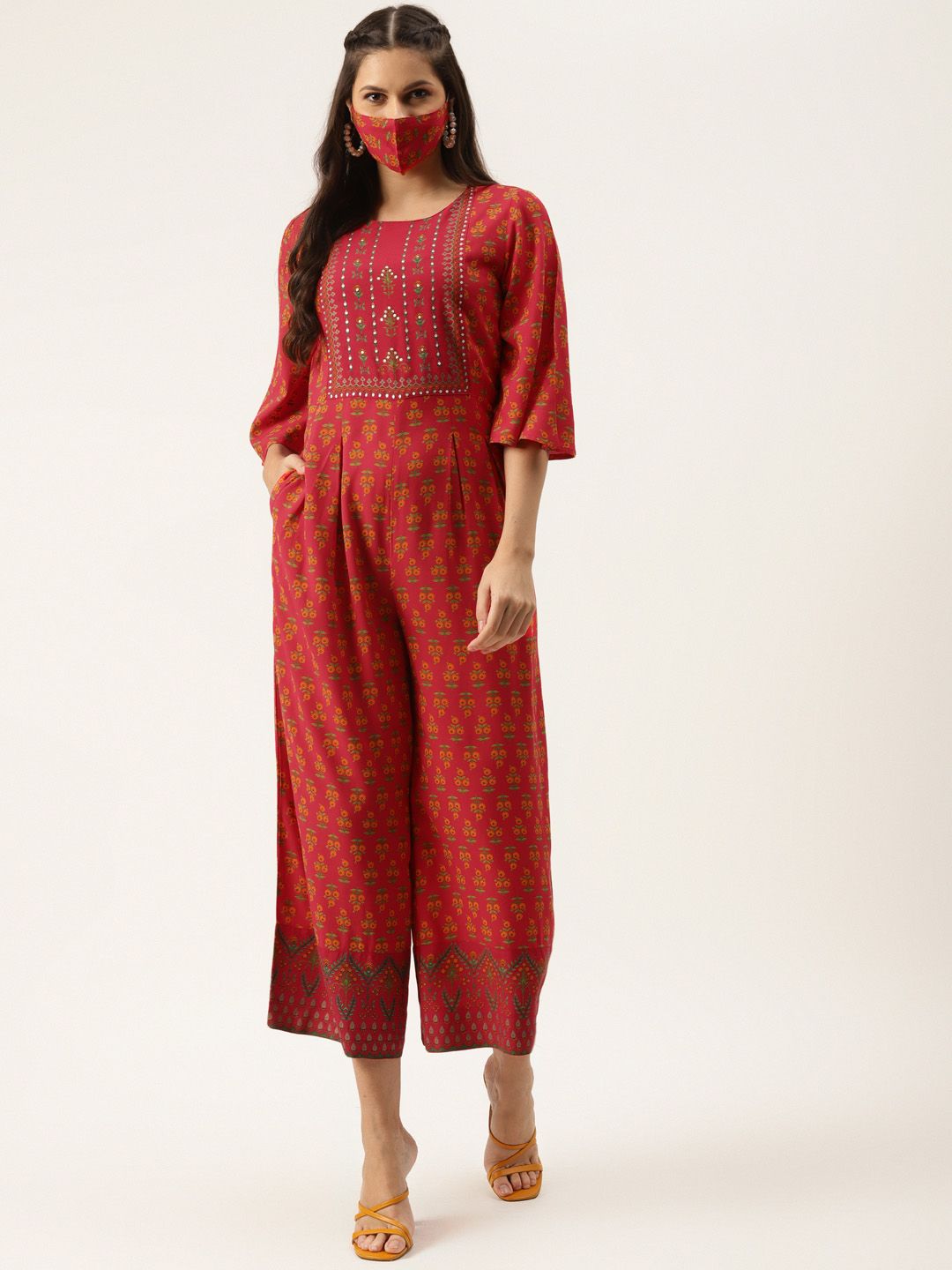 Juniper Red & Green Ethnic Printed Culotte Jumpsuit Price in India
