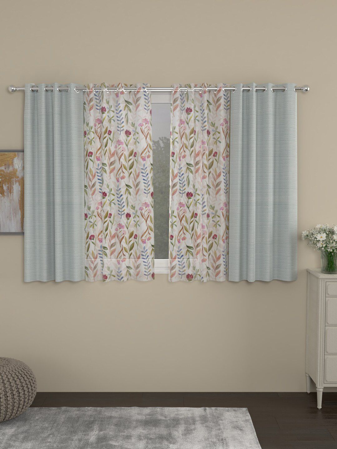 ROSARA HOME Grey & Multicoloured Set of 4 Window Curtains Price in India