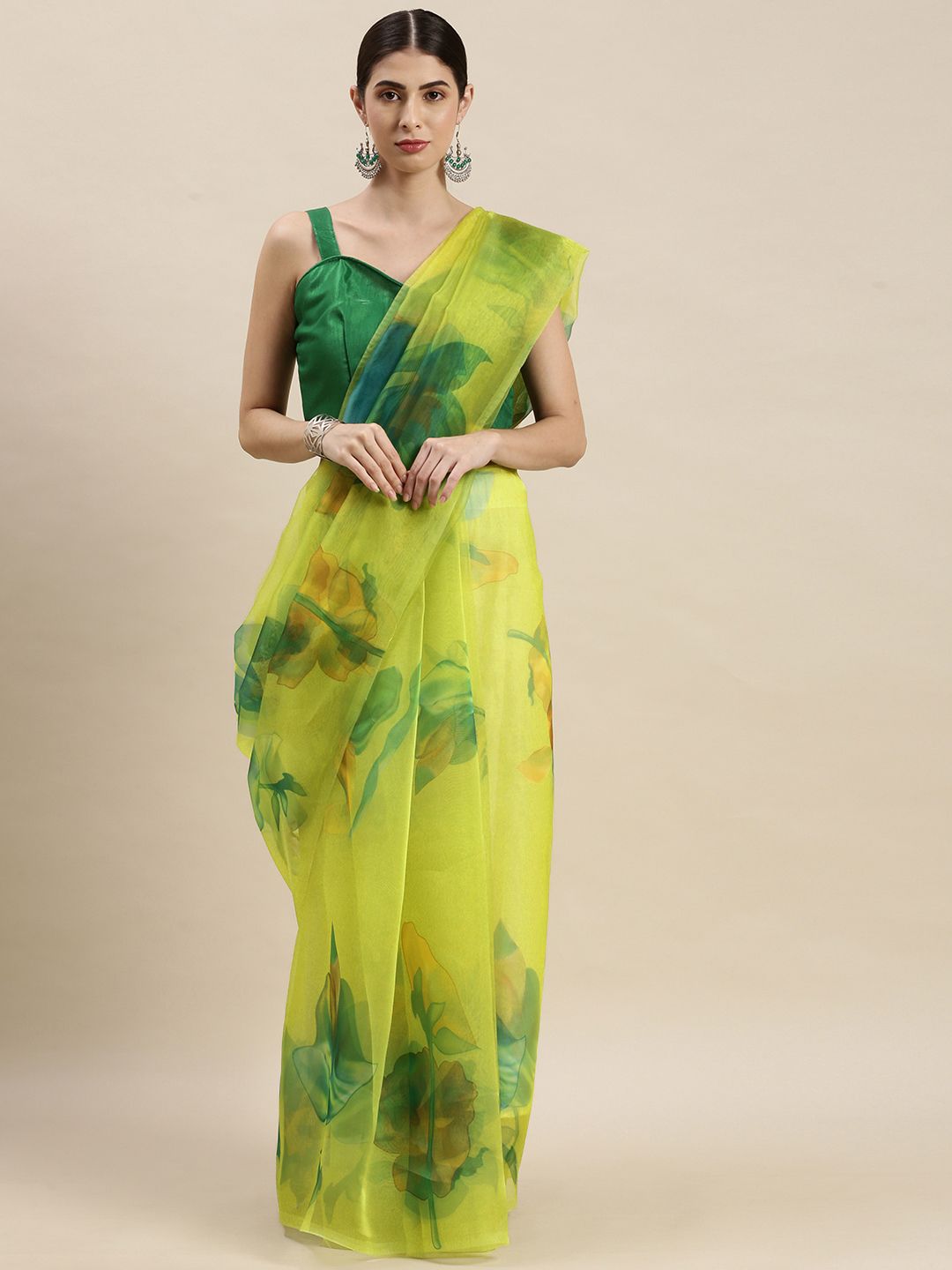 Mitera Green Floral Organza Saree Price in India