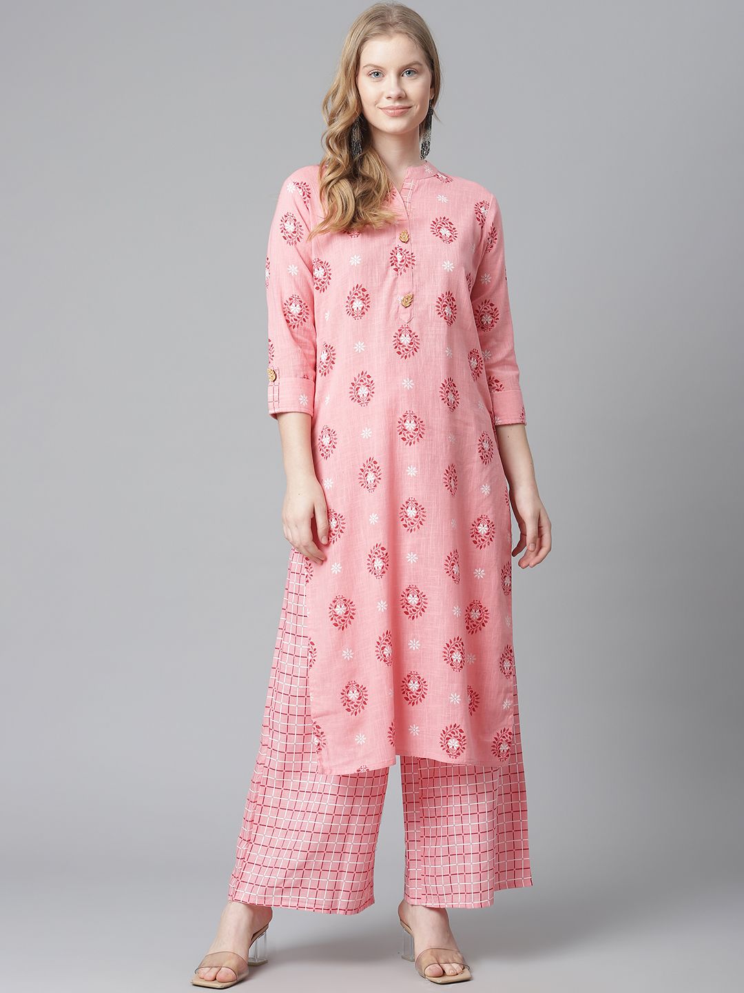 HIGHLIGHT FASHION EXPORT Women Pink Handwork Ethnic Motifs Printed Kurta with Palazzos Price in India