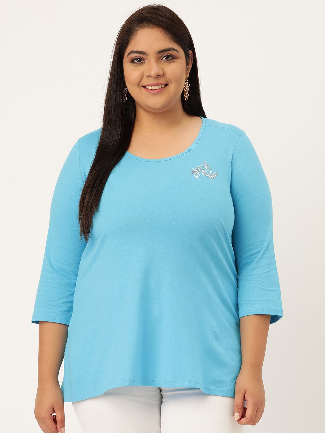 Revolution Women Plus Size Turquoise Blue Pure Cotton T-shirt