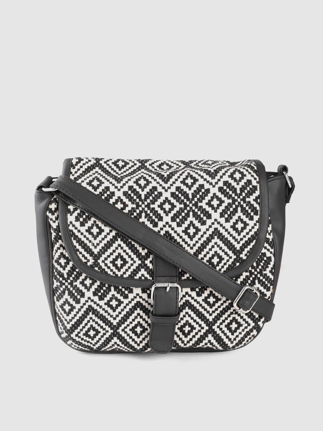 Anouk Black & Off-White Geometric Jacquard Woven Design Structured Sling Bag Price in India