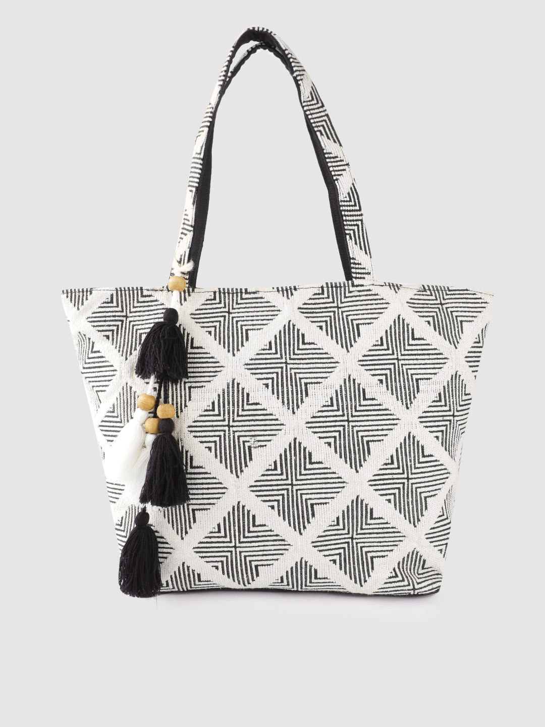 Anouk White & Black Geometric Jacquard Self Design Shoulder Bag with Tasselled Price in India