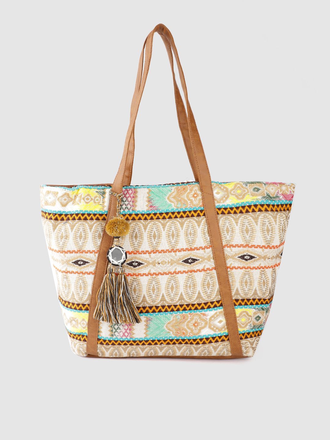 Anouk Beige & Off-White Ethnic Motif Jacquard Woven Design Tote Bag with Tasselled Detail Price in India
