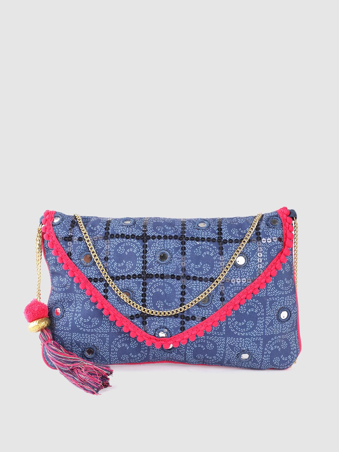 Anouk Navy Blue Ethnic Motifs Print Sling Bag with Mirror Work Price in India