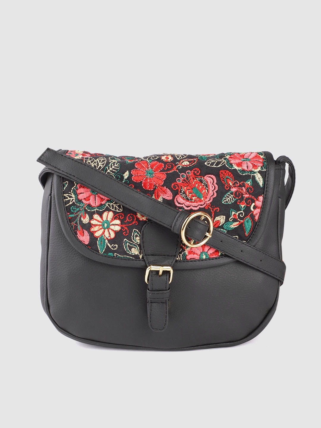 Anouk Black & Pink Floral Embroidered Sling Bag Price in India