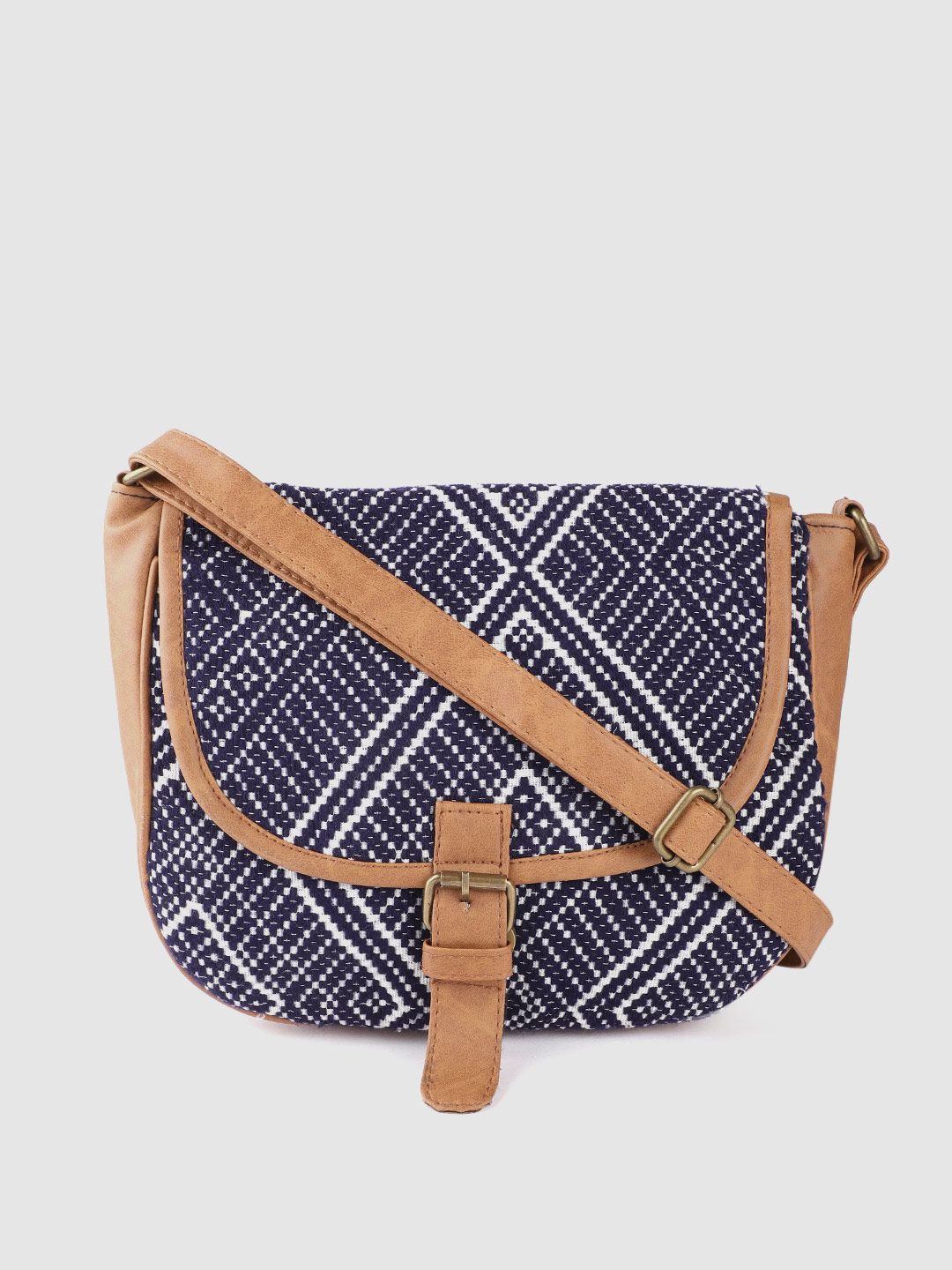 Anouk Navy Blue & White Geometric Jacquard Self Design Sling Bag with Buckle Detail Price in India