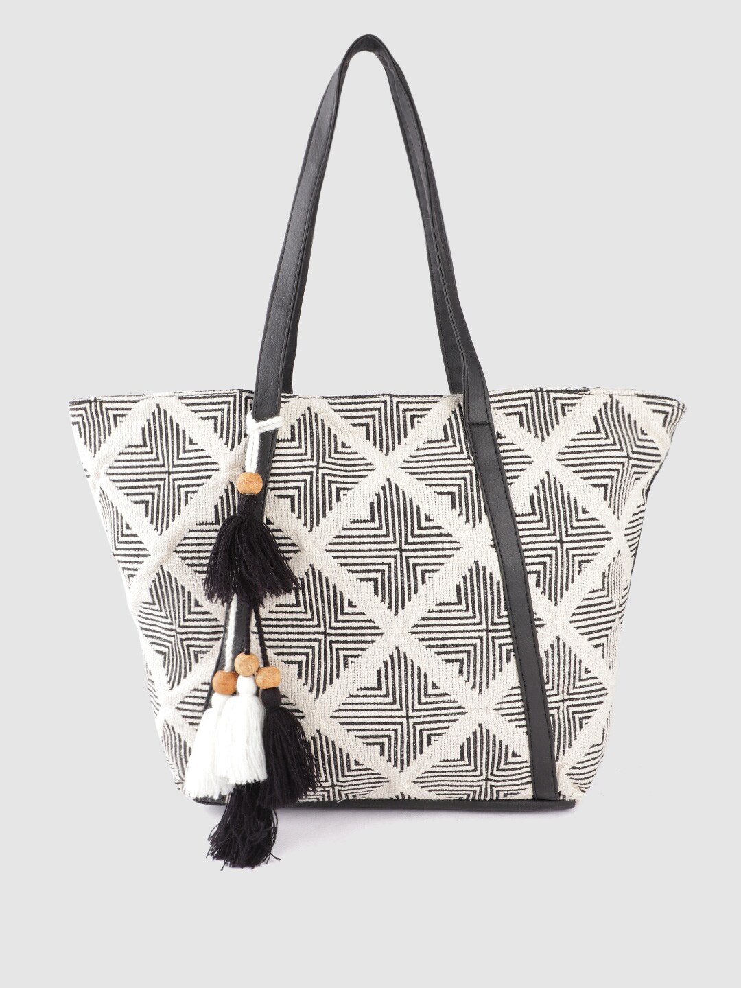 Anouk Off-White & Black Geometric Jacquard Self Design Tote Bag with Tasselled Detail Price in India