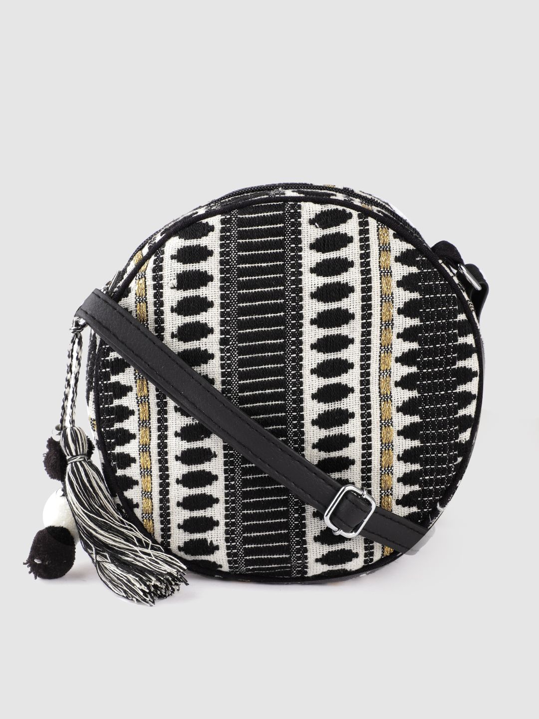 Anouk Black & Off-White Ethnic Motifs Jacquard Self-Design Sling Bag with Tasselled Detail Price in India
