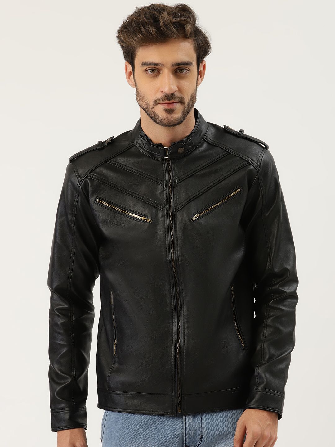Leather Retail Men Black Solid Leather Jacket