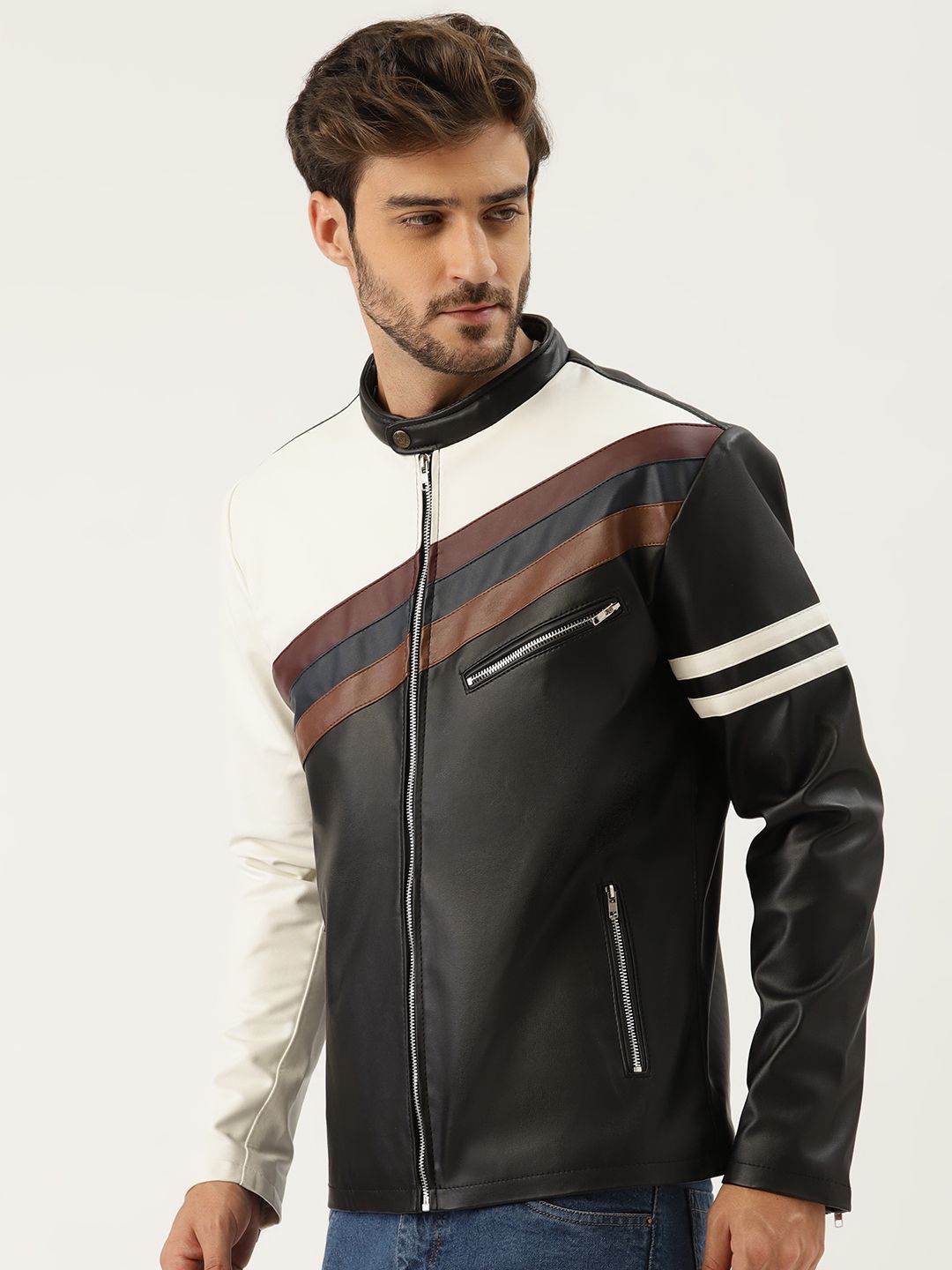 Leather Retail Men Black Colourblocked Leather Jacket Price History
