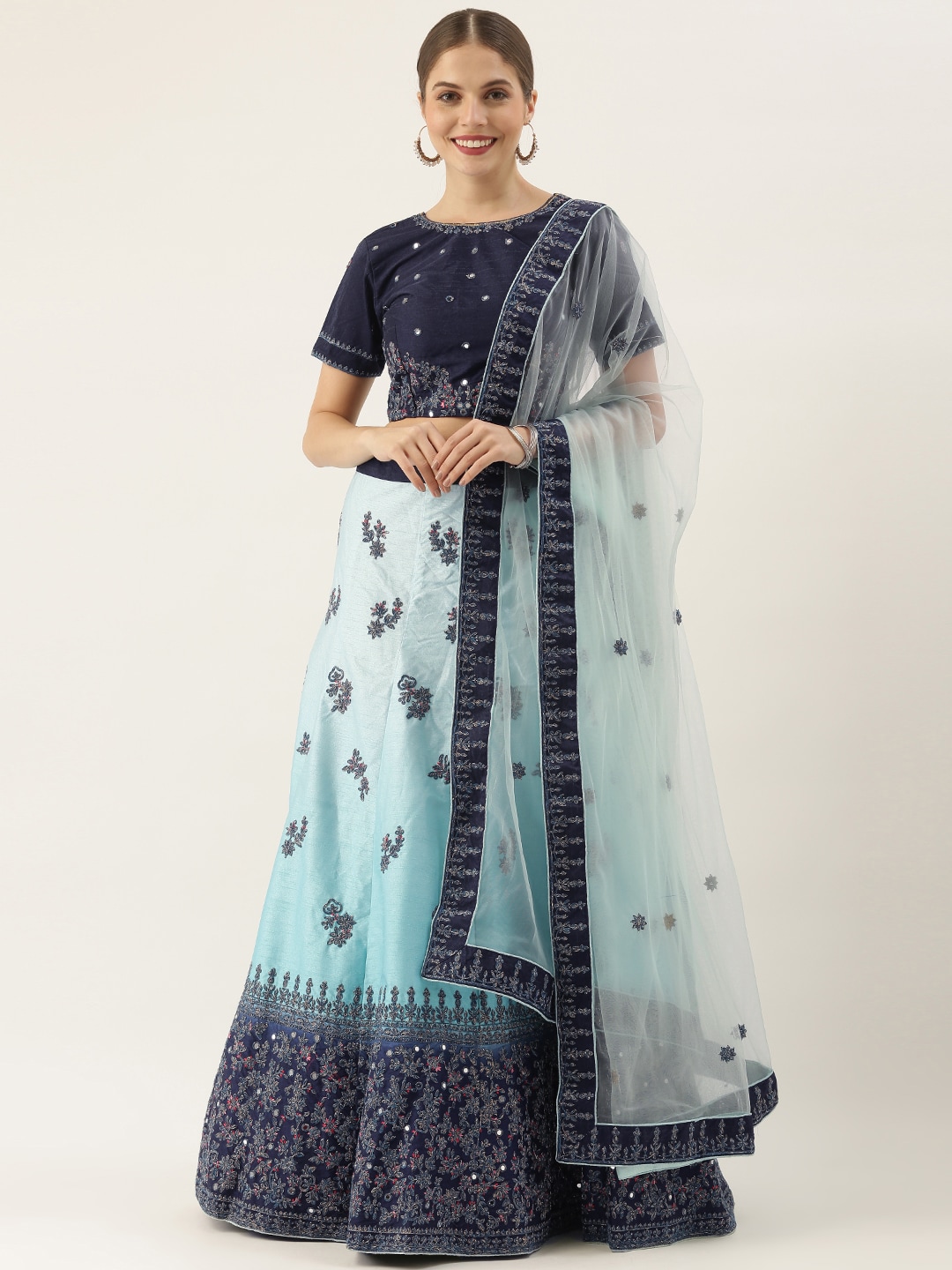 Shaily Blue Embroidered Thread Work Semi-Stitched Lehenga & Unstitched Blouse With Dupatta Price in India