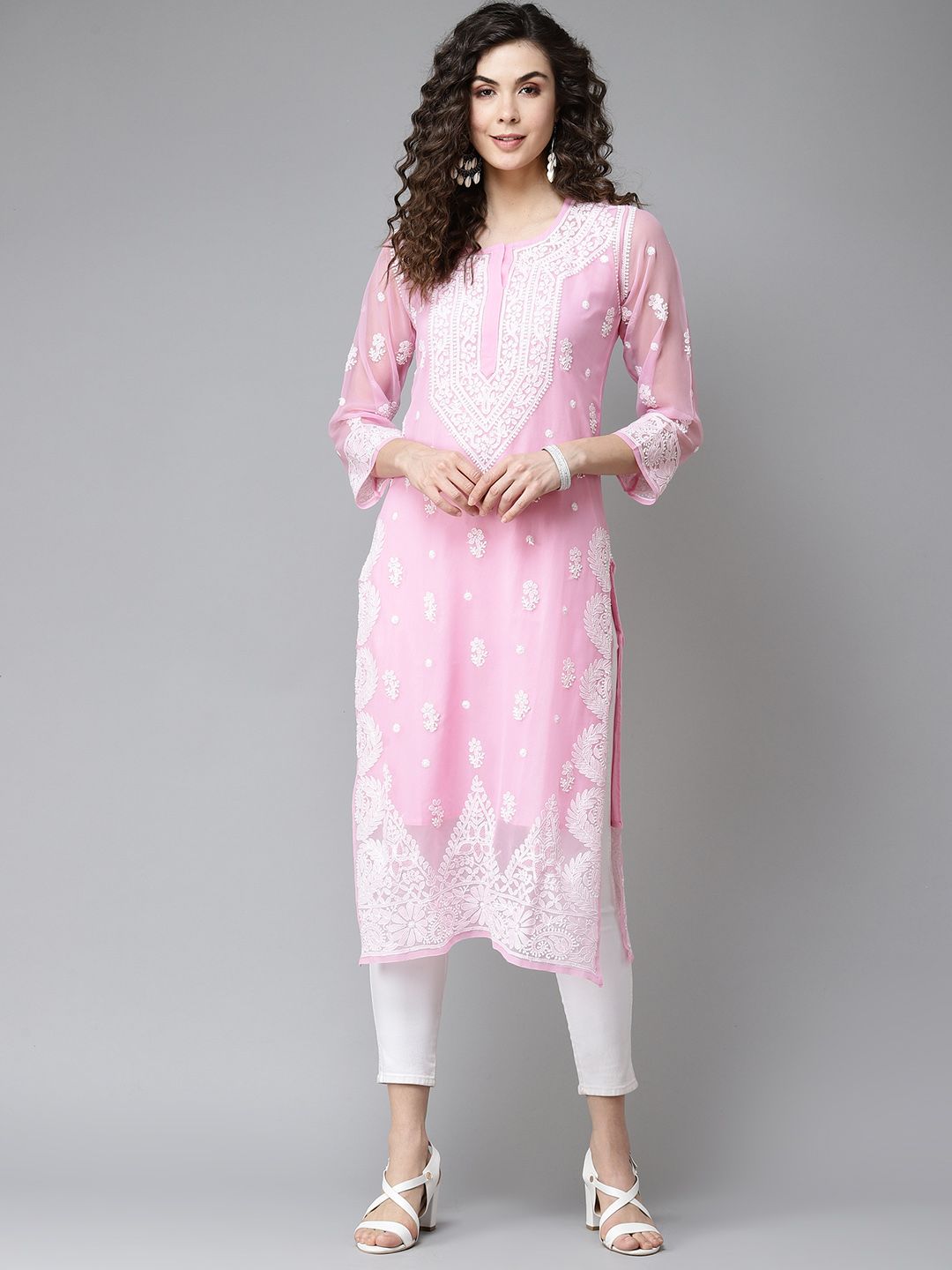 ADA Women Pink & White Ethnic Motifs Embroidered Chikankari Georgette Kurta