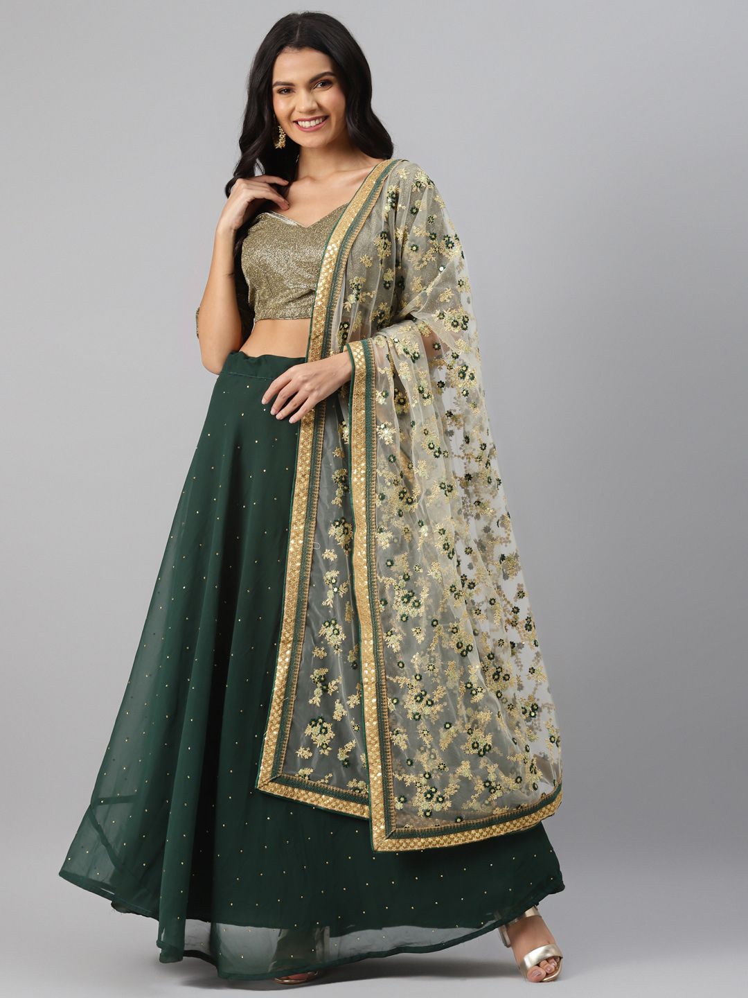 Readiprint Fashions Green & Gold-Toned Woven Design Semi-Stitched Lehenga & Unstitched Blouse with Dupatta Price in India
