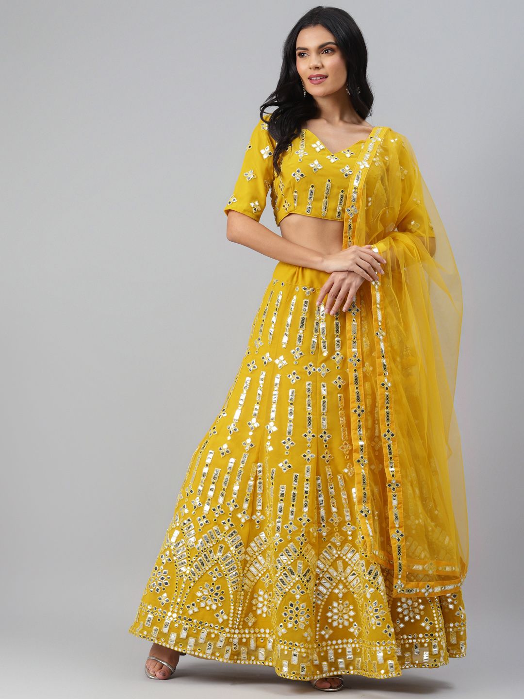 Readiprint Fashions Yellow & Silver-Toned Embellished Semi-Stitched Lehenga & Unstitched Blouse with Dupatta Price in India