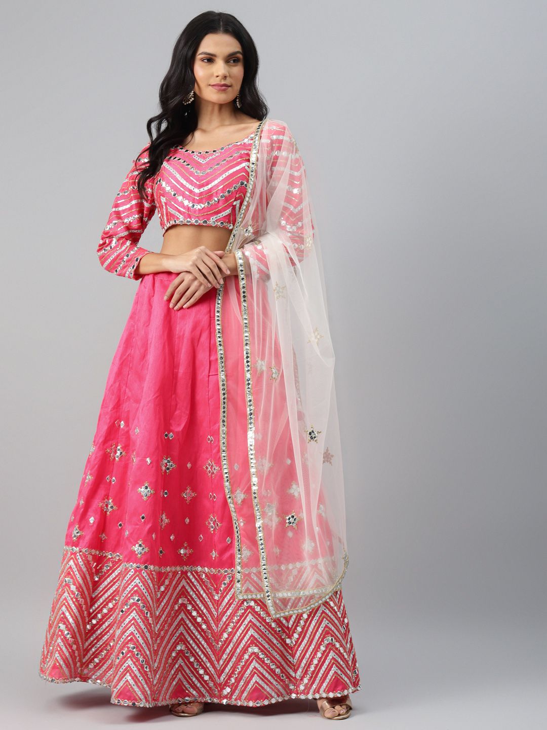 Readiprint Fashions Pink & Silver-Toned Embellished Semi-Stitched Lehenga & Unstitched Blouse with Dupatta Price in India