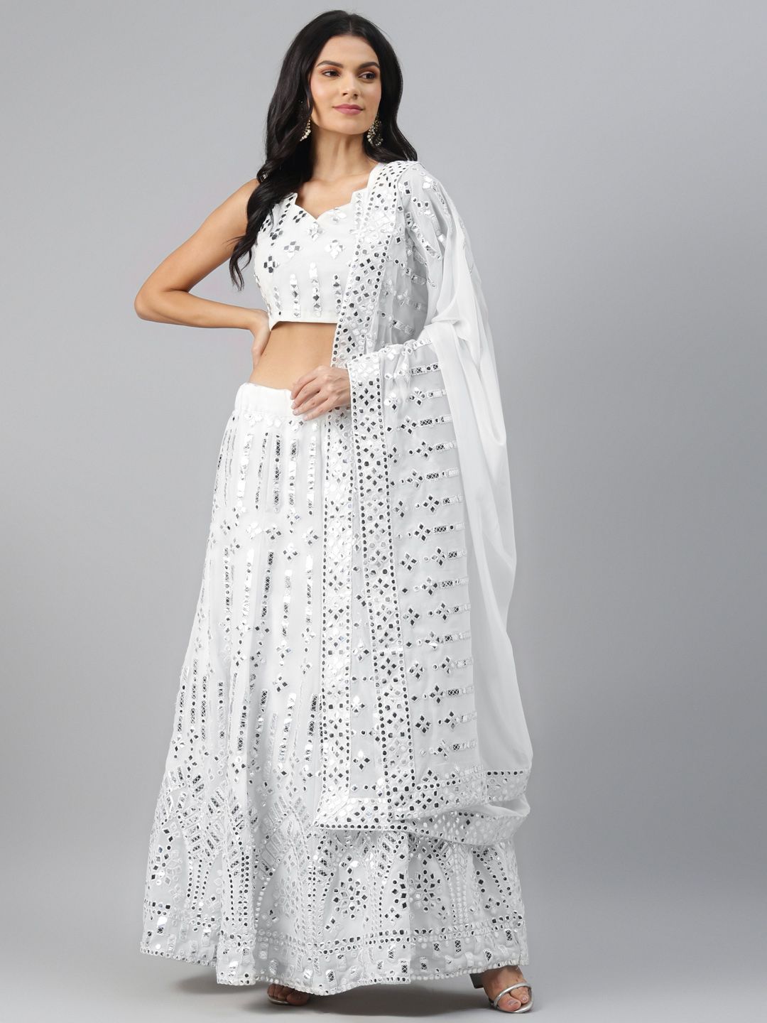 Readiprint Fashions White & Silver-Toned Embellished Semi-Stitched Lehenga & Unstitched Blouse with Dupatta Price in India