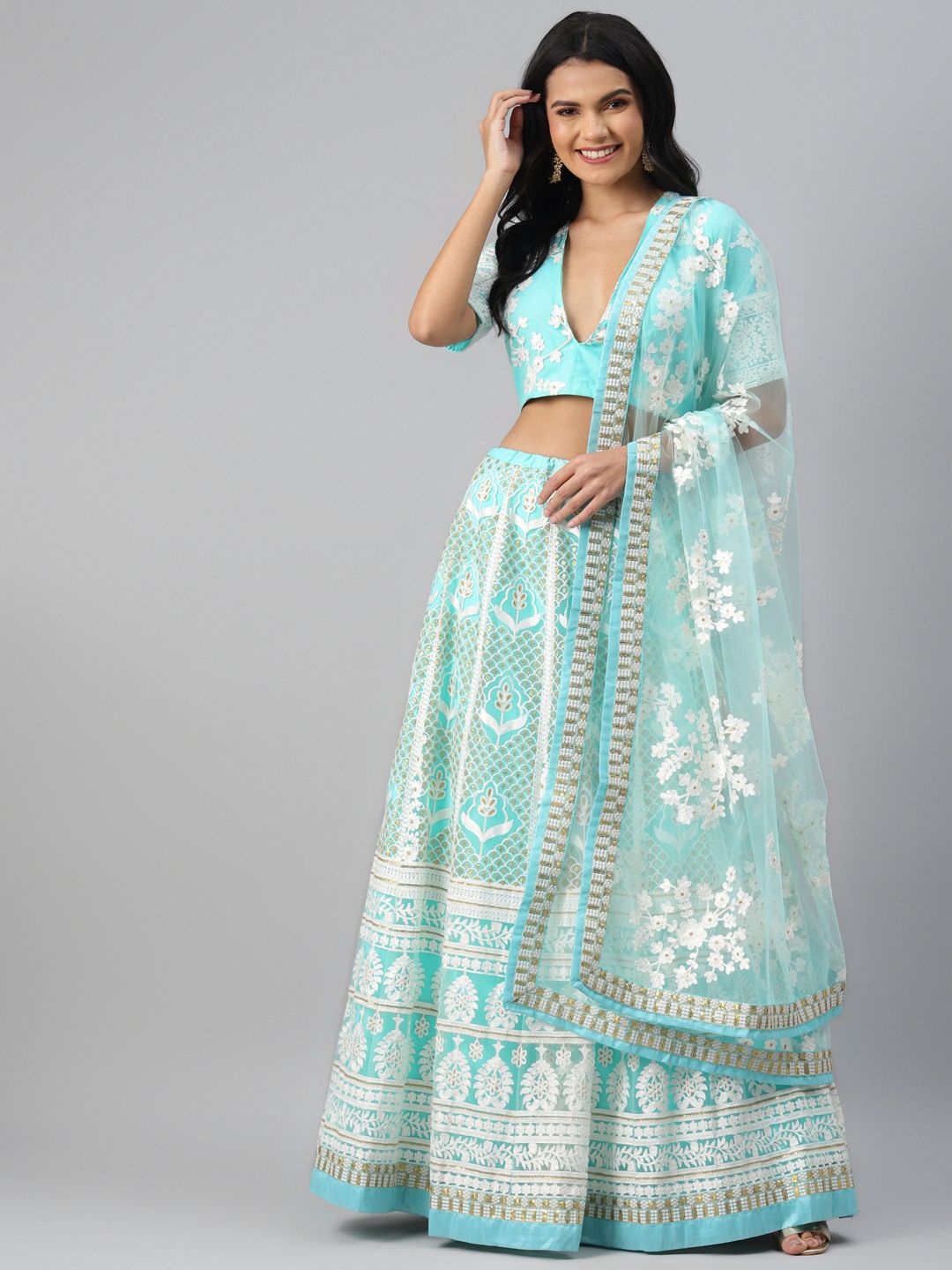 Readiprint Fashions Sea Green & White Embroidered Semi-Stitched Lehenga & Unstitched Blouse with Dupatta Price in India