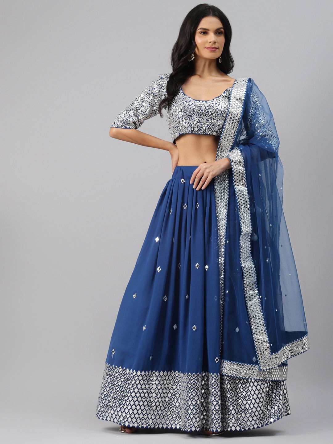 Readiprint Fashions Blue & Silver-Toned Embellished Semi-Stitched Lehenga & Unstitched Blouse with Dupatta Price in India