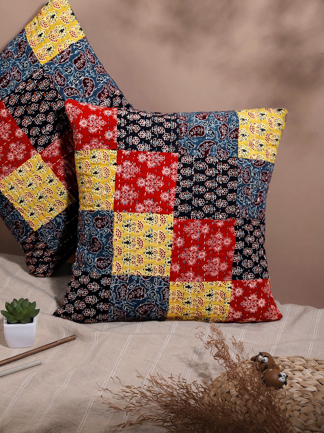 Taavi Set of 2 Blue & Yellow Cotton Ethnic Motifs Print Applique Square Cushion Covers Price in India