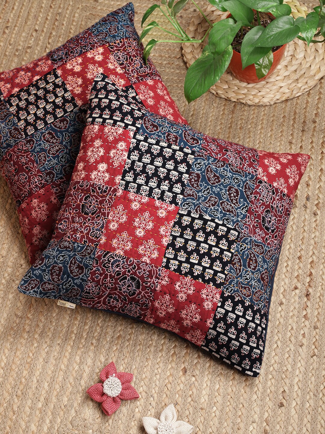 Taavi Set of 2 Blue & Black Cotton Ethnic Motifs Print Applique Square Cushion Covers Price in India
