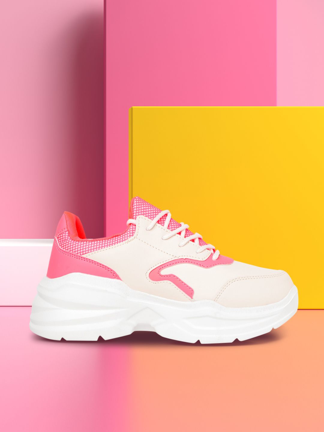 Kook N Keech Women Light Beige & Neon Pink Solid Chunky Sneakers Price in India